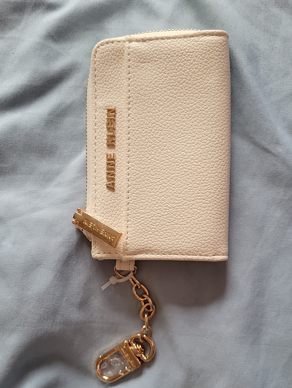 Anne Klein Cream Pebbled Zip Key & Card Holder with Gold Chain